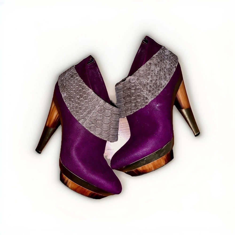 Devi Kroell Suede Snake Heeled Platform Booties